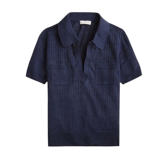 J CREW Women’s Short-sleeve Polo Shirt Navy Linen Johnny Collar Sz Small NWT - Picture 3 of 9